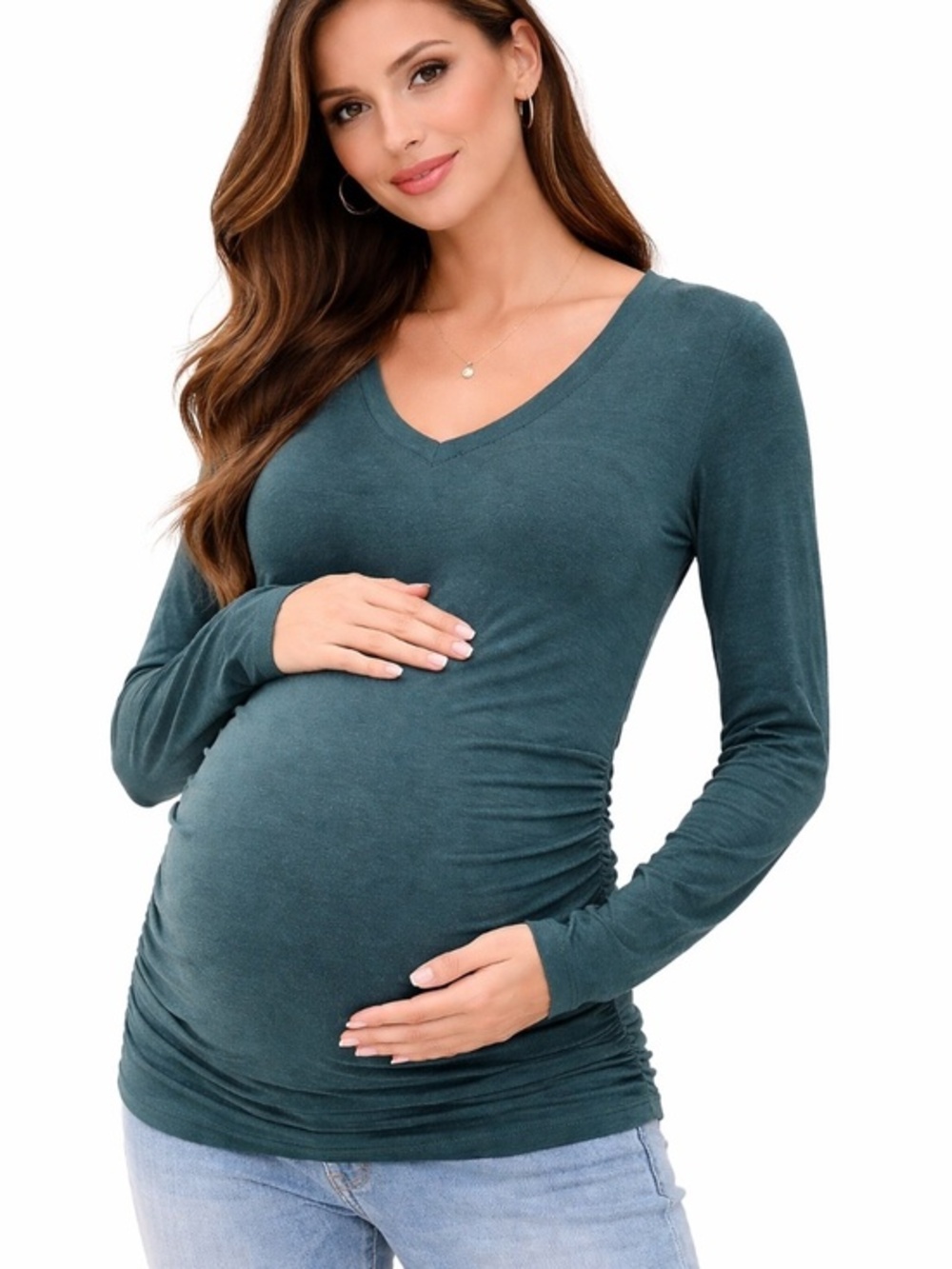 Isabel Maternity Shirt Womens Size Medium Green Long Sleeve Shirt Side Scrunch